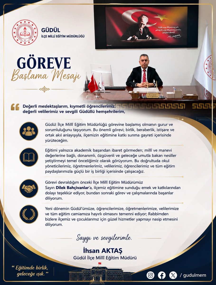 Gudulmem's tweet photo. İlçe Milli Eğitim Müdürümüz İhsan AKTAŞ’ın göreve başlama mesajı👇👇👇
@tcmeb @Yusuf__Tekin @MemAnkara @Murat4Kucukali https://t.co/H1quQhb0WQ