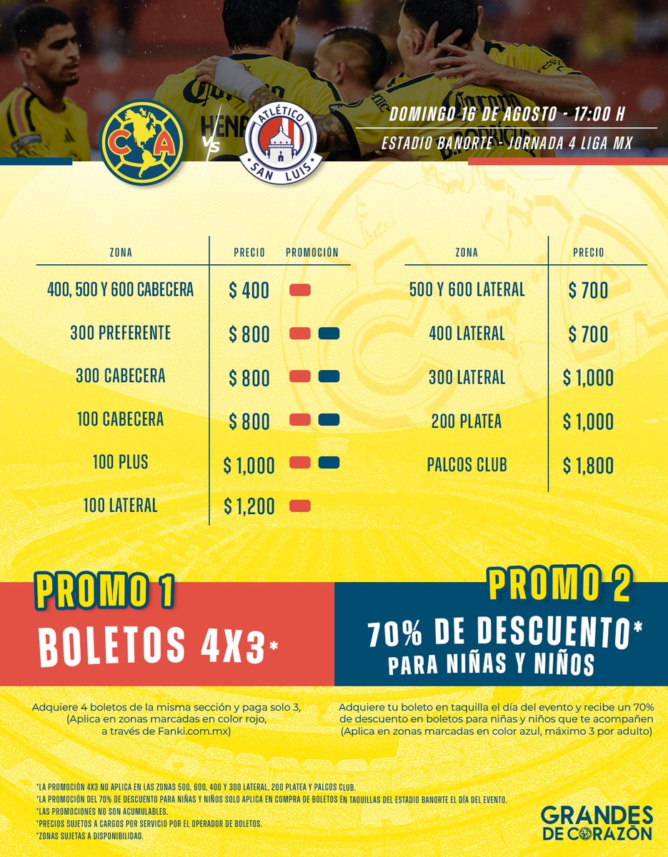 AyudaAmePass's tweet photo. ¡Inicia la venta general para la jornada 4! 🦅
 
⚔️América vs. San Luis
🎟️Venta en línea: https://t.co/9X7X6llxf2
🪪Abono AmePass 2026/27: https://t.co/YekRA8Ynpy
🚨¡PROMO! 4x3 en zonas específicas*
🧒¡PROMO! 70% de descuento para niñas y niños*

¡Juntos somos más fuertes! 💪 https://t.co/4S1NZt6jsK