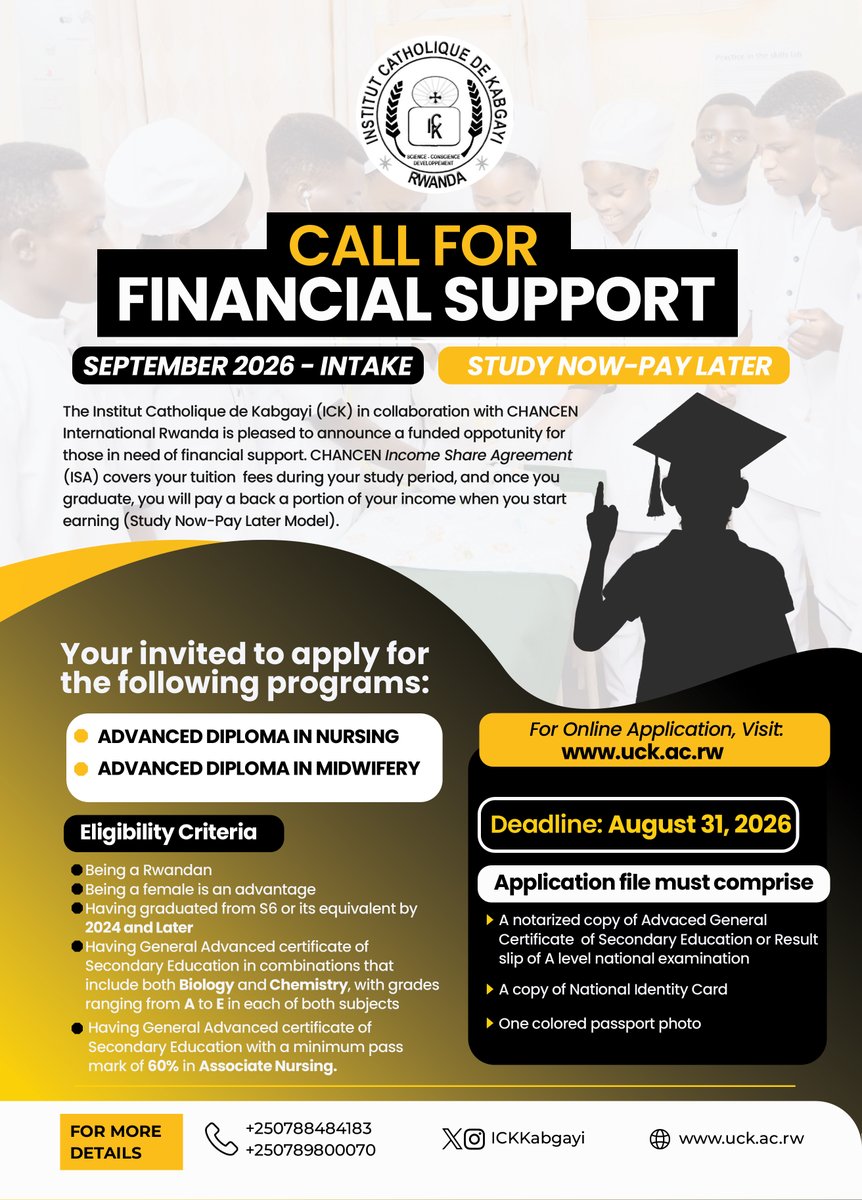 ICKKabgayi's tweet photo. ICK Financial Support – September 2026 Intake!
ICK, in partnership with @CHANCEN_Int , is offering financial support for:
🩺 Advanced Diploma in Nursing (A1)
🩺 Advanced Diploma in Midwifery (A1)
📅 Deadline: Aug. 31, 2026
🌐 Apply: https://t.co/9eSvGfPIjO
#ICKKabgayi #CHANCEN https://t.co/jrRTew1Pks