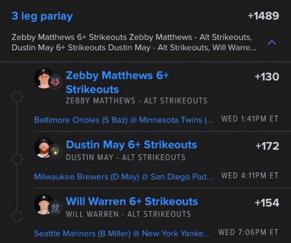 Denise_builder's tweet photo. 3 Leg Parlay

🎯 Parlay Odds: +1489

#MLB #MLBParlay #StrikeoutPicks #KProps #PitcherProps #MLBPicks #BaseballPicks https://t.co/zcddbEaceA