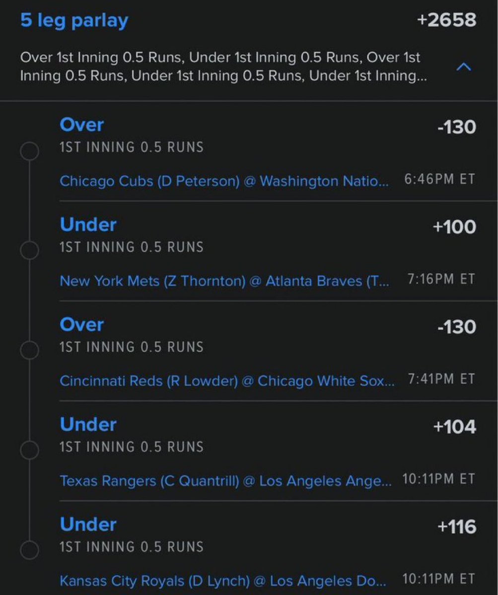 Denise_builder's tweet photo. 5 Leg 🦵Parlay

🎯 Parlay Odds: +2658

#MLB #MLBParlay #FirstInning #NRFI #YRFI #MLBPicks #BaseballPicks #SportsBetting #ParlayPicks #MLB2026 #DavisParlay 🔥 https://t.co/09L30dQHJu