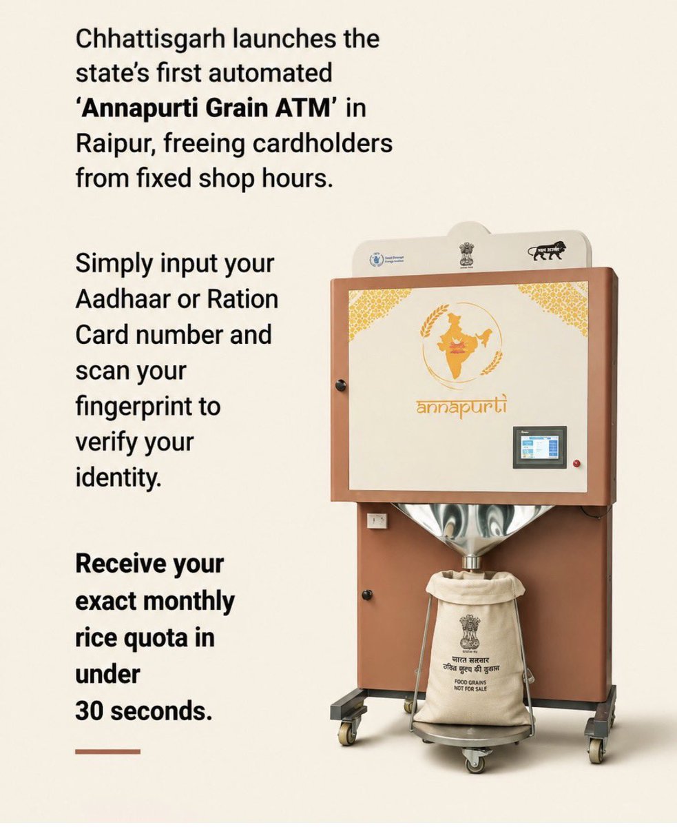 sparkles4vr's tweet photo. Imagine getting your monthly ration as easily as withdrawing cash from ATM—no queues, no waiting for shop hours, &amp; zero under-weighing.
#Chhattisgarh has launched the 24/7
'Annapurti #GrainATM' in Raipur, Durg, and Bilaspur in collaboration with the World Food Programme. 🇮🇳 🔥 https://t.co/X7glLyuQRb