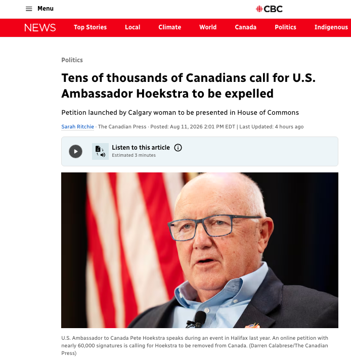 raghu_venugopal's tweet photo. Join me and 70,500 to sign Petition e-7531 to: 
1. Declare Hoekstra persona non grata and request his removal
2. Deem his conduct inconsistent with the Vienna convention 
3. Direct Parliament to review U.S. diplomatic interference in Canada 
https://t.co/3fL1xCnB3q https://t.co/LbQoUoWk3M