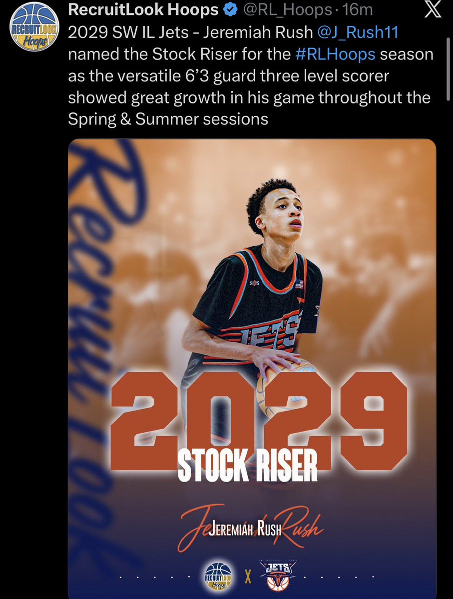J_Rush11's tweet photo. Stock Riser 📈🏀
Blessed to be recognized by @RL_Hoops as a 2029 Stock Riser after a strong Spring &amp; Summer. The work doesn’t stop here.
#blessed #stockriser https://t.co/IlVaX9BxzT