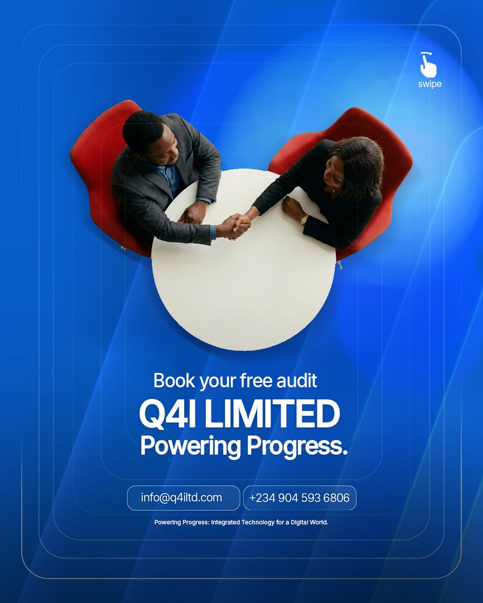 Q4international's tweet photo. We find what's costing you.

One free systems audit. That's it.

We look at your process, your tools, your bottlenecks — then tell you exactly what to fix first.

Book your free audit.
📞 +234 904 593 6806 📧 info@q4iltd.com

#Consultancy #BusinessGrowth #Q4ILimited https://t.co/tyPG0QVRJG