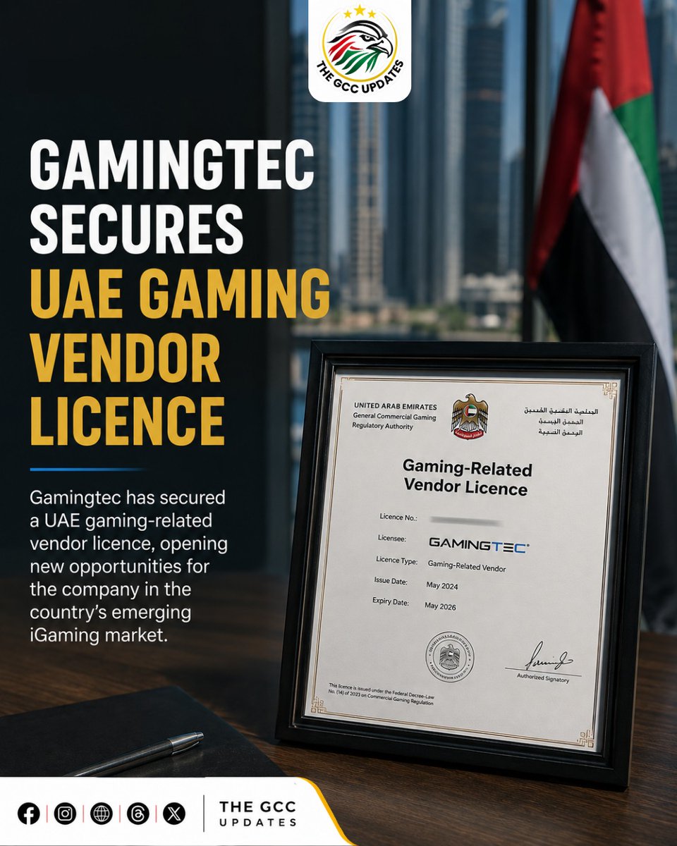 TheGCCUpdates's tweet photo. **GAMINGTEC SECURES UAE GAMING VENDOR LICENCE**

Gamingtec has secured a UAE gaming-related vendor licence, opening the door to new opportunities in the country’s growing iGaming market.

#UAE #Gamingtec #iGaming #Gaming #BusinessNews https://t.co/tyAA6InZw6