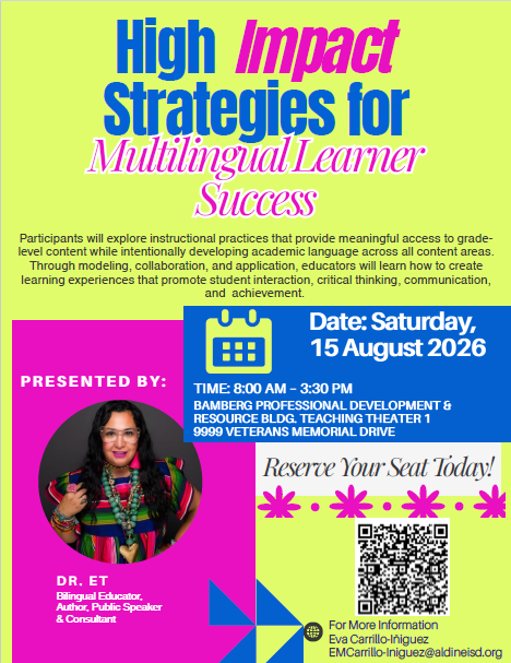 Aldine_Bil_ESL's tweet photo. 📢📢@aldineisd teachers! Sign up for a 🆓professional development session with @DrETontheBorder this Saturday, August 15th at the Bamberg Building!

Click 👇 to register!
https://t.co/5vJW7e1ttM

@teachbernieb @aniklt @Ely__Godoy @MultilingualAld @GomezTempleton @nparedes2000 https://t.co/VtKMbTvVfT