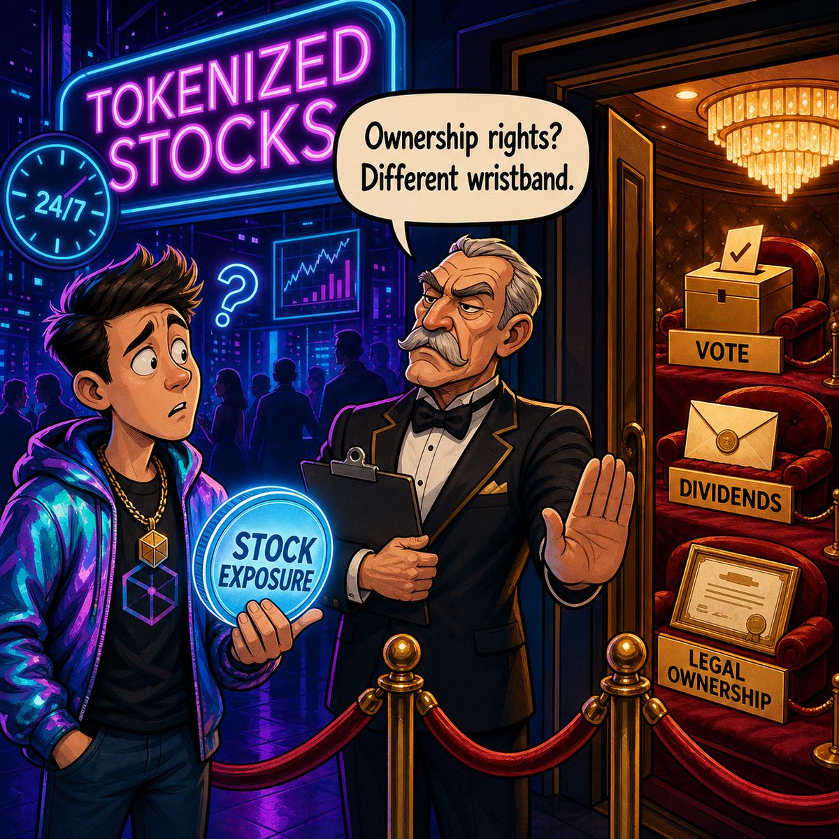 spressss's tweet photo. Tokenized equities are genuinely exciting: faster settlement, global access and programmable capital.

Just remember that “exposure to a stock” and “ownership of the stock” are not identical twins. They’re more like cousins who dress alike and avoid discussing the paperwork.

Innovation is wonderful.

Read the wristband.