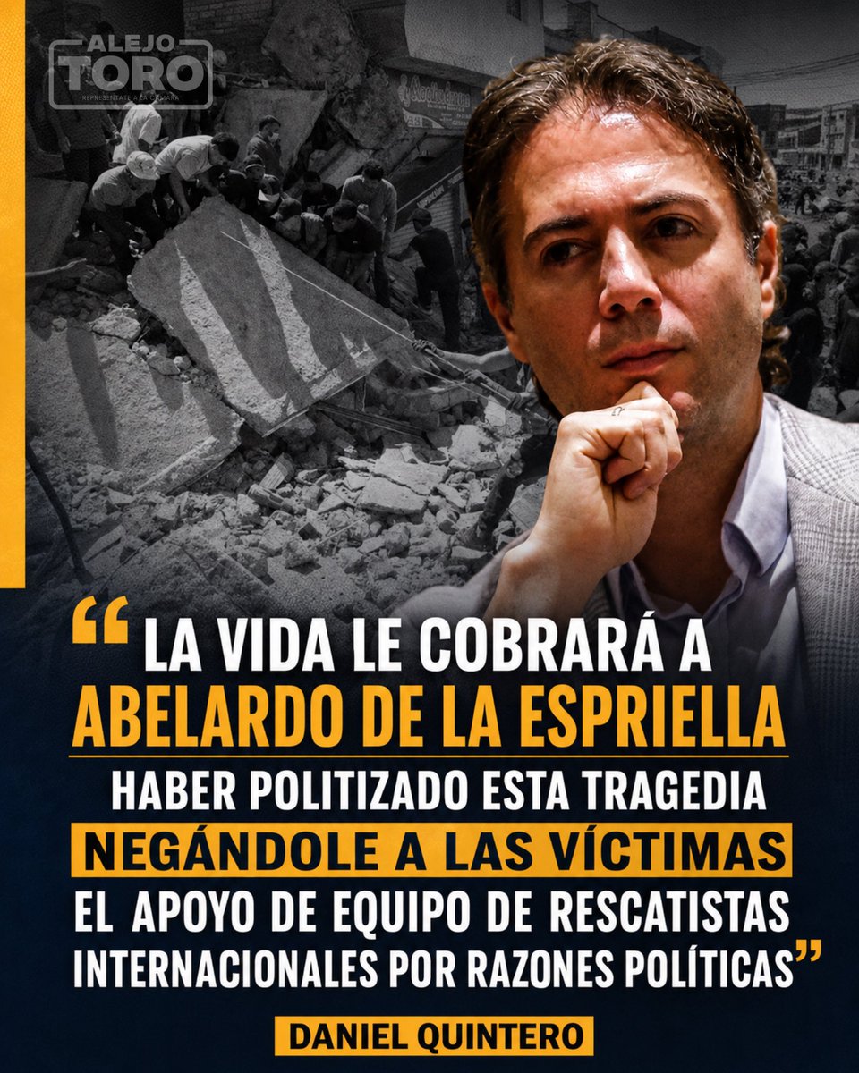 AlejoToroAnt's tweet photo. “No politizar la tragedia” no significa guardar silencio cómplice ante los desaciertos del Gobierno Nacional, politizar la tragedia es negarle atención a los colombianos de rescatistas internacionales por diferencias POLÍTICAS 

Tristemente el primero en politizar la tragedia fue el presidente De La Espriella 🇨🇴💔