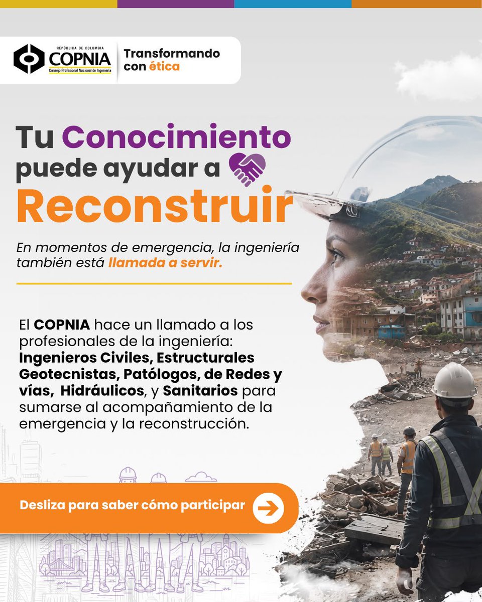 copnia's tweet photo. Invitamos a ingenieros civiles, estructurales, geotecnistas, patólogos y de redes, vías, hidráulica y sanitarios a poner su experiencia al servicio del país en labores de atención, recuperación y reconstrucción.

📲 Inscríbete: https://t.co/xs4b4kd59L

¡Envía tu hoja de vida! https://t.co/LYkLBQKclF