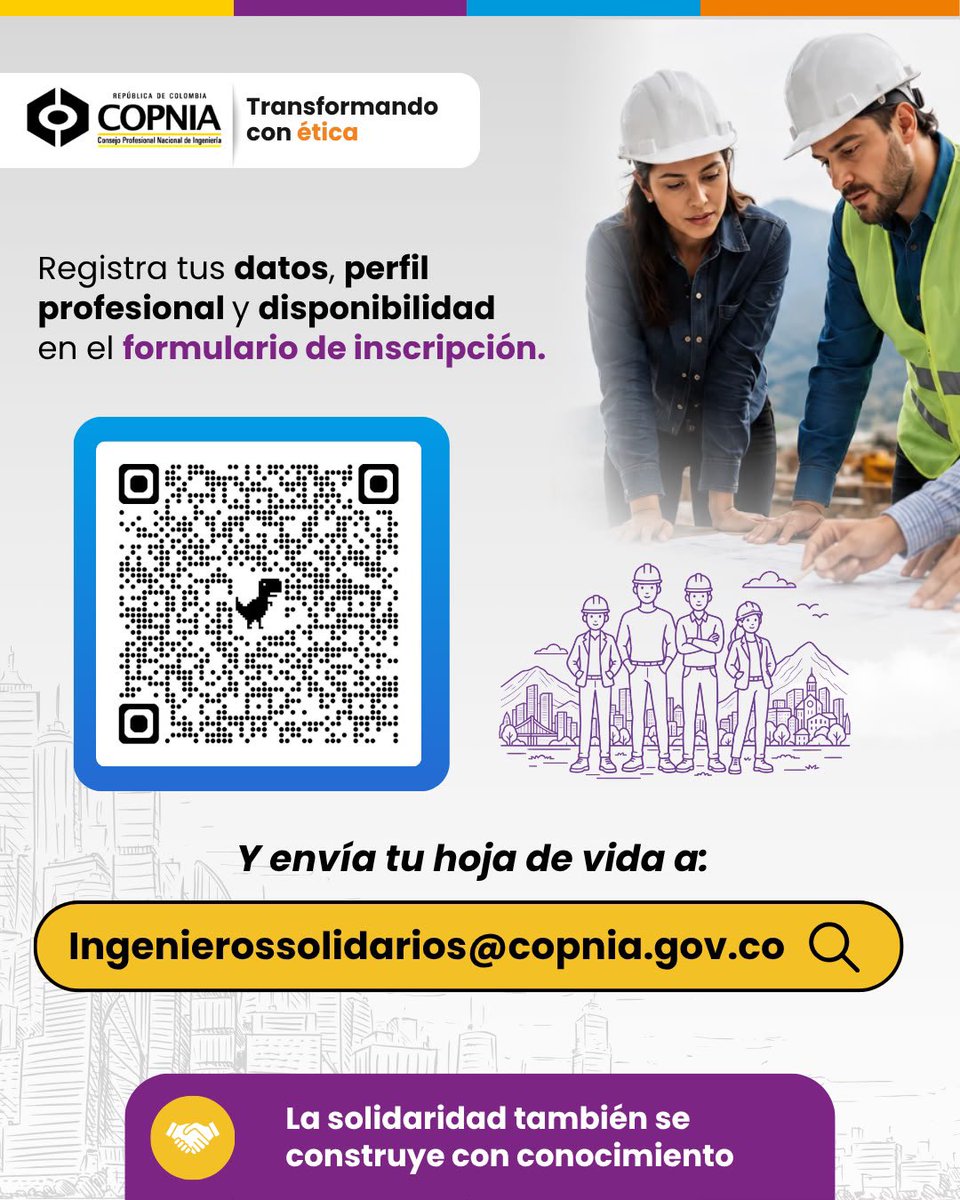 copnia's tweet photo. Invitamos a ingenieros civiles, estructurales, geotecnistas, patólogos y de redes, vías, hidráulica y sanitarios a poner su experiencia al servicio del país en labores de atención, recuperación y reconstrucción.

📲 Inscríbete: https://t.co/xs4b4kd59L

¡Envía tu hoja de vida! https://t.co/LYkLBQKclF