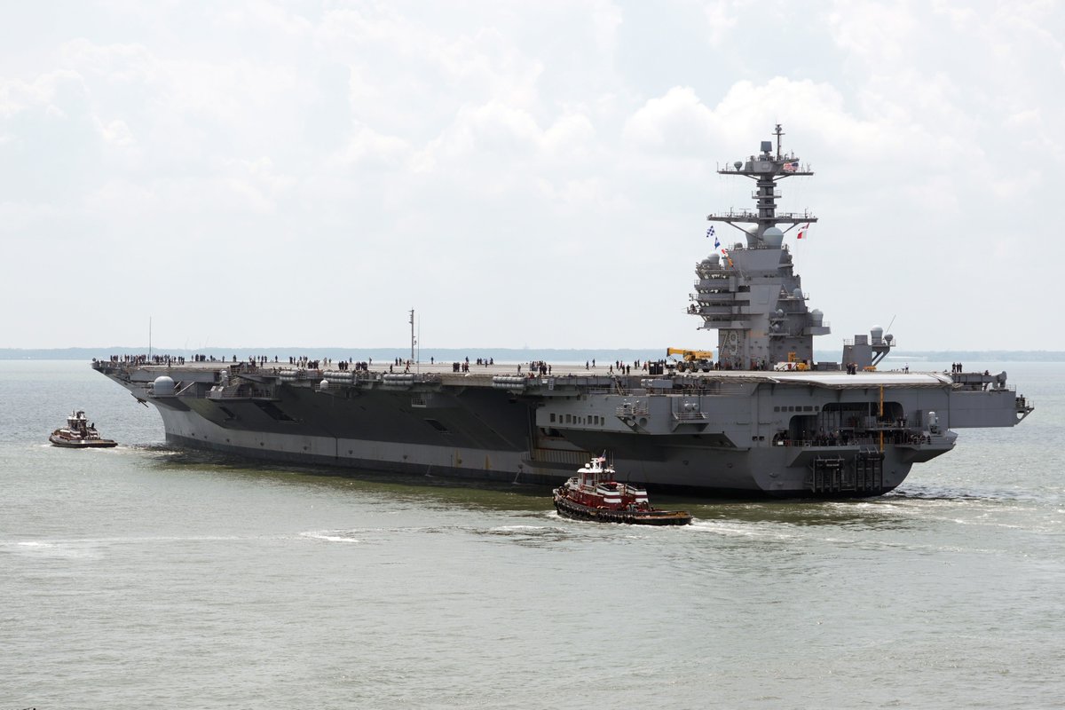 WeAreHII's tweet photo. Today, our nation’s newest aircraft carrier, John F. Kennedy (#CVN79), departed our #NewportNewsShipbuilding division to begin acceptance sea trials. These trials will test and evaluate important ship systems and components at sea. (1/2) https://t.co/6dD0i1y7h2