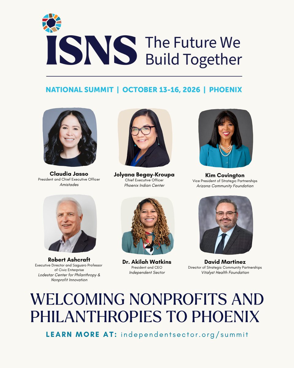 IndSector's tweet photo. Our team can't wait to bring nonprofits and philanthropies together in Phoenix at Independent Sector's National Summit 2026!

We're grateful to our host committee, Arizona partners, proposal reviewers, and subcommittees for dedicating their time and energy to build something special for the charitable sector. 

The summit provides a space for us to learn new skills, strategize to tackle challenges, and spark inspiration.
Get your ticket today! 👉  https://t.co/NdfNr7wTIB