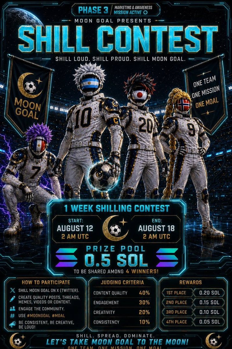 Heis_strider's tweet photo. MOON GOAL SHILL CONTEST IS LIVE! 

NAUTs, join the mission and compete for 0.5 SOL!

🏆 4 winners
🥇 0.20 SOL
🥈 0.15 SOL
🥉 0.10 SOL
🥉0.05 SOL

Create quality shills, stay active, drive engagement.🔥

📅 Aug 12→Aug 18
🫡 Join the crew: https://t.co/4GRyPuka7H

#MoonGoal #MOAL https://t.co/JRqua67nr1