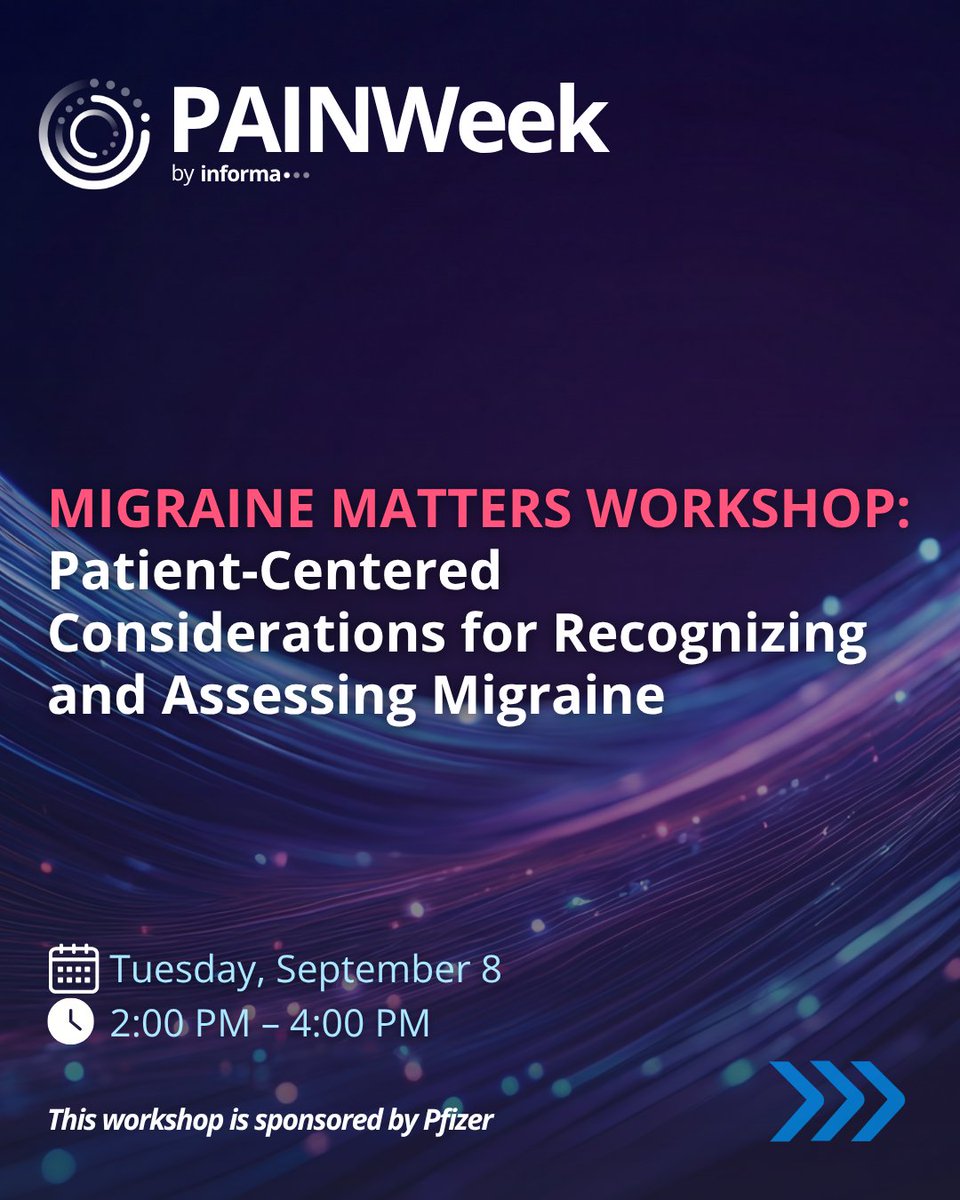 PAINWeek's tweet photo. Join us for an interactive workshop on patient-centered migraine management and the impact of stigma on care.
📅 Sept 9 | 2:00 – 4:00 PM
📍 Castellana | Vegas
💡Sponsored by Pfizer
Sign up now to secure your seat | Must be a registered PW26 attendee➡️ https://t.co/sW89aB9jIF https://t.co/QXYMAG4E5p