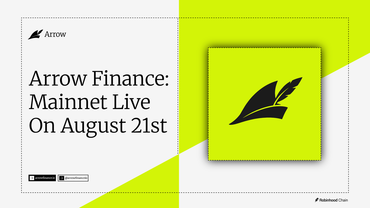ArrowFinanceio's tweet photo. Pending final changes being approved by the team at @sherlockdefi, Arrow officially goes live on mainnet August 21st.

At launch, users will be able to borrow against:

• @LidoFinance wstETH
• @maplefinance syrupUSDG
• AAPL
• NVDA
• SpaceX
• A growing range of Tier 1 and Tier 2 tokenized equities

August 21st marks the next phase of Arrow: bringing onchain credit to some of the highest-quality collateral available on Robinhood Chain.

Borrow against your portfolio. earn yield while Keeping your exposure. Unlock liquidity.

Final mainnet LTVs and borrow rates coming soon.
