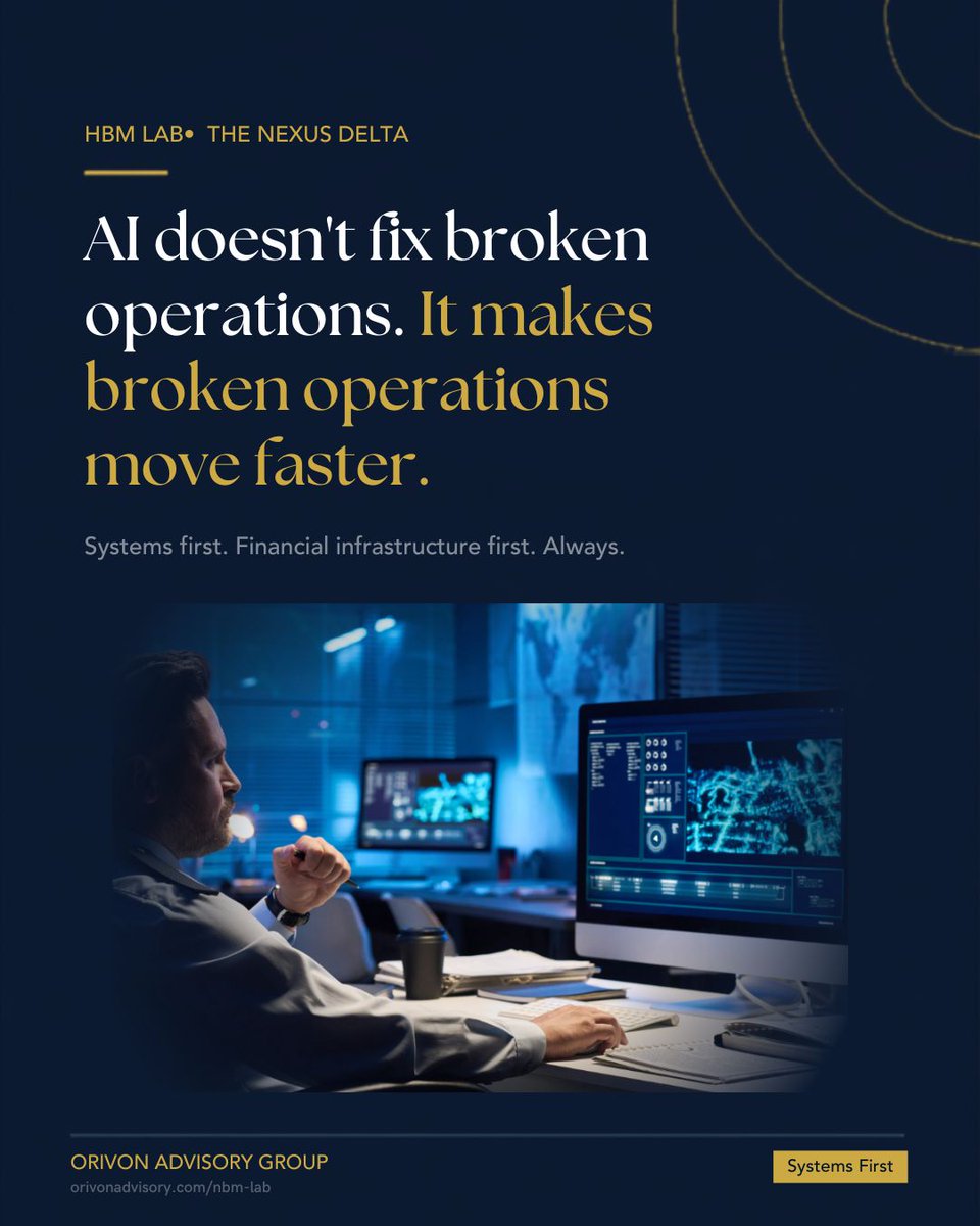 OrivonAdvisory's tweet photo. AI doesn't fix broken operations. It makes broken operations move faster.

Most companies are adding AI tools before they know what workflows those tools are supposed to improve. The result isn't transformation. It's faster confusion.

The financial operating system has to come first. Always.

Scale-Ops Founder Lab™ — Cohort 1, September 1, 2026.
Limited to 20 founders at $500K–$5M revenue.

Not coaching. Not consulting. Financial transformation.
https://t.co/8G6CKVpGTA