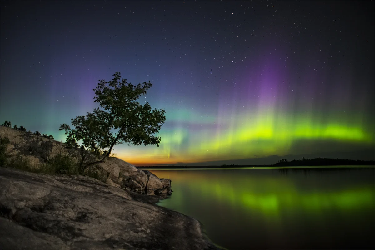 Bright colors from the Northern Lights shimmer in the sky over a lake. A lone tree sprouts up from a rocky shoreline.