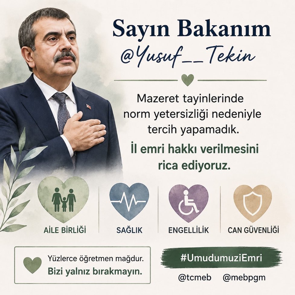 senem167's tweet photo. Sayın Bakanım, bugün bizim için umut günü olsun. 🌸 Tercihlerimizi yaptık. Fakat atanamadık. Aile birliğimiz için #UmudumuzilEmri bekliyoruz. Anne baba olarak ayrı değil, aynı çatı altında çocuklarımızla birlikte yaşamak istiyoruz. 🕊️ @Yusuf__Tekin @cftcblnt @EgitimBirSen https://t.co/UrGsEtd1rS