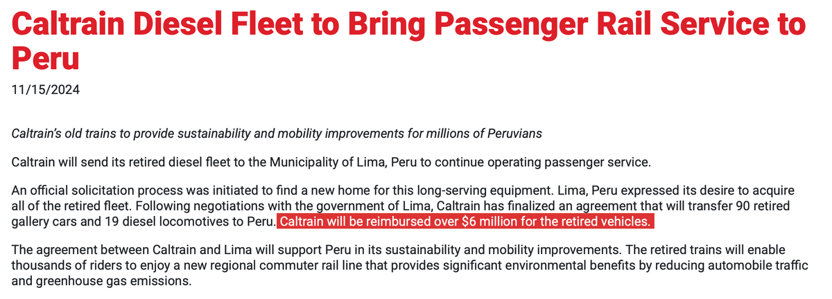 sanbedoyapardo's tweet photo. Tanto el comunicado oficial de Caltrain como diversas fuentes periodísticas americanas de la época ya reportaban que no se trato de una donación. Se sabe desde hace casi 2 años que Caltrain recibió 6 millones de USD por la "donación", de parte de autoridades municipales. https://t.co/1F5F57PeM7