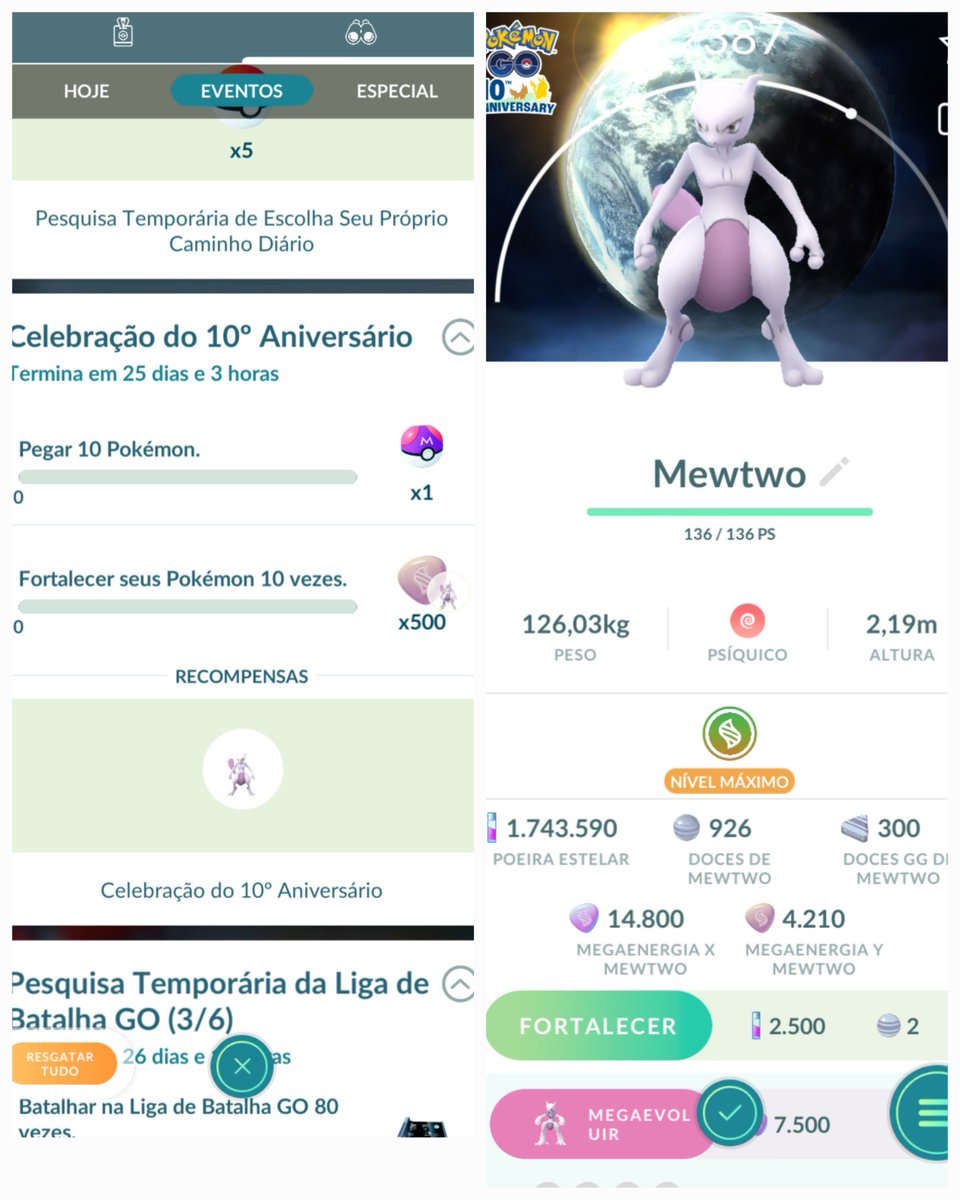 jogadaexcelente's tweet photo. Para celebrar os 10 anos de Pokémon GO, todos jogadores receberam uma Pesquisa Temporária que leva a um encontro com Mewtwo 100% com fundo especial e Meganível desbloqueado, além de 500 Megaenergias e uma Master Ball. Com sorte, Mewtwo pode ser Brilhante. ✨ https://t.co/dzJdEmonQr