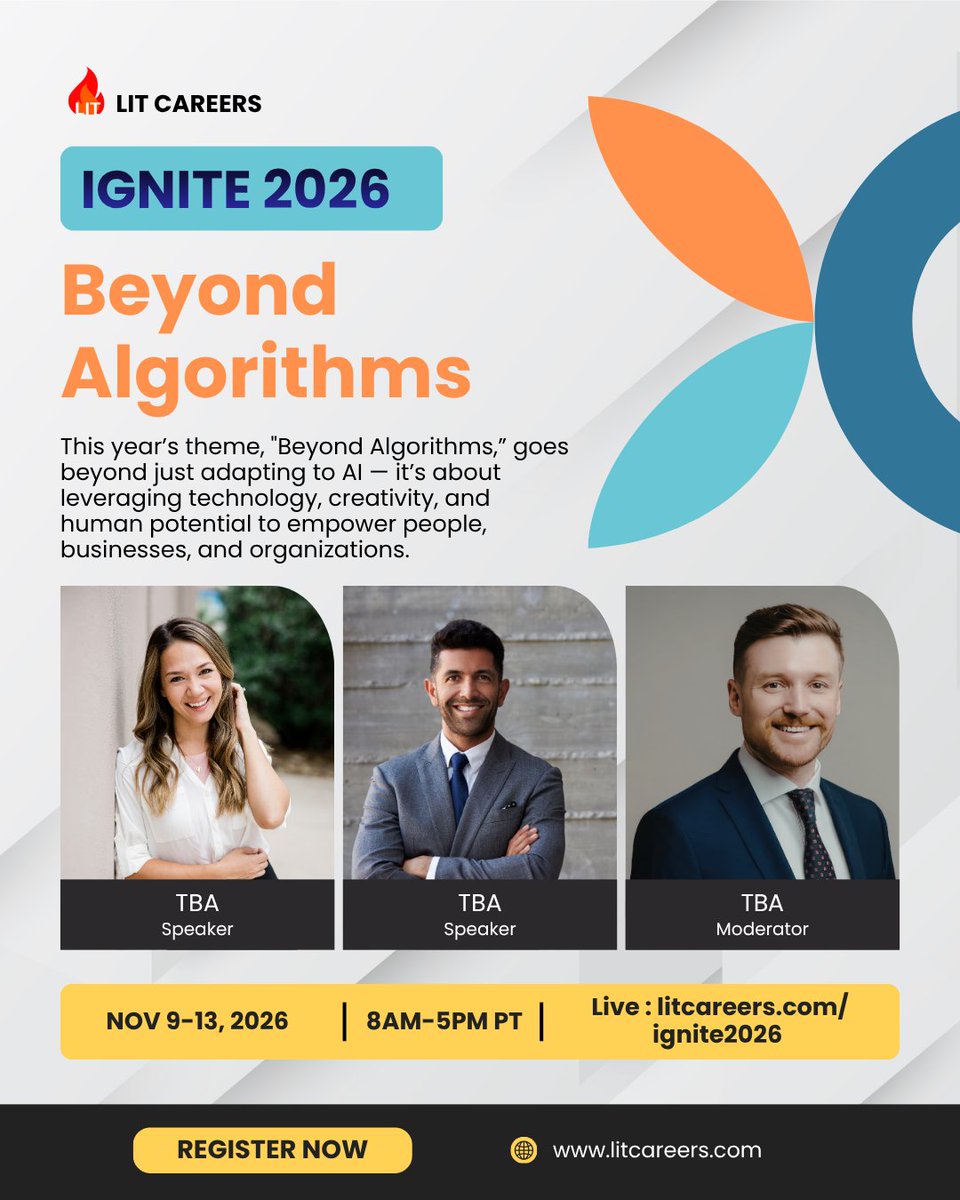 getlitcareers's tweet photo. 🚨 WE’RE BACK! SAVE THE DATE FOR LIT CAREERS IGNITE 2026 Nov 9-13!
We are coming back bigger, bolder, and more impact-driven than ever.
Learn More & Register: https://t.co/rYQj8tFgs5
#LITIgnite2026 #BeyondAlgorithms #CallForSpeakers #FutureOfWork https://t.co/tVau90TtVF