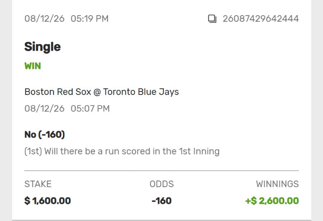 TracyMonte8g1's tweet photo. NRFI Results ⚾✅
✅ Red Sox / Blue Jays – No Run 1st Inning
$1,600 → $2,600
NRFI Streak: 28-9 🔥
#MLB #NRFI #Results https://t.co/U6nDBd6w9m