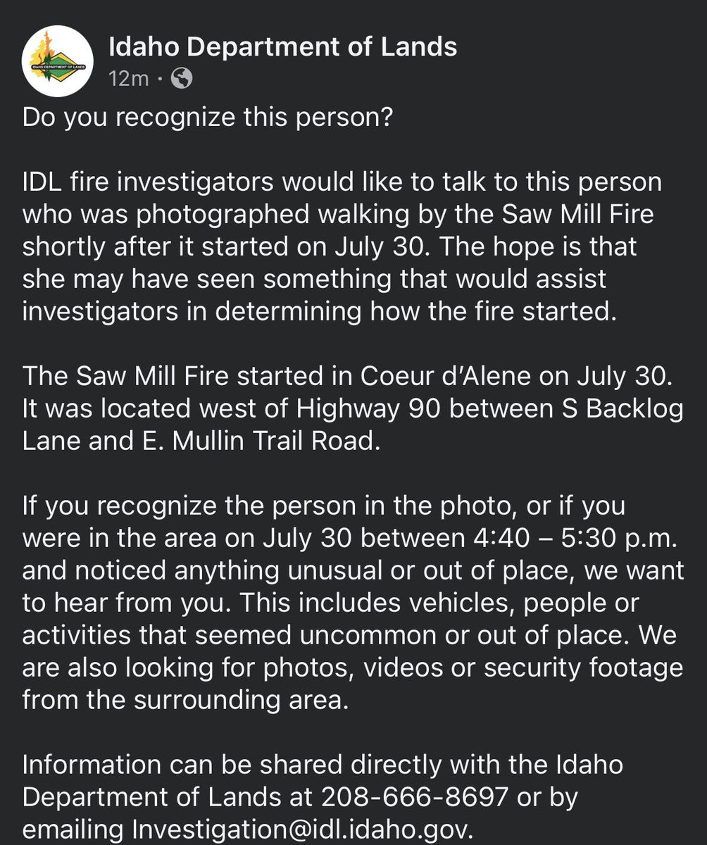 muthaPNW's tweet photo. Idaho Department of Lands Fire Investigators needs the public’s help in identifying this person here. https://t.co/KzPKP4DXvv