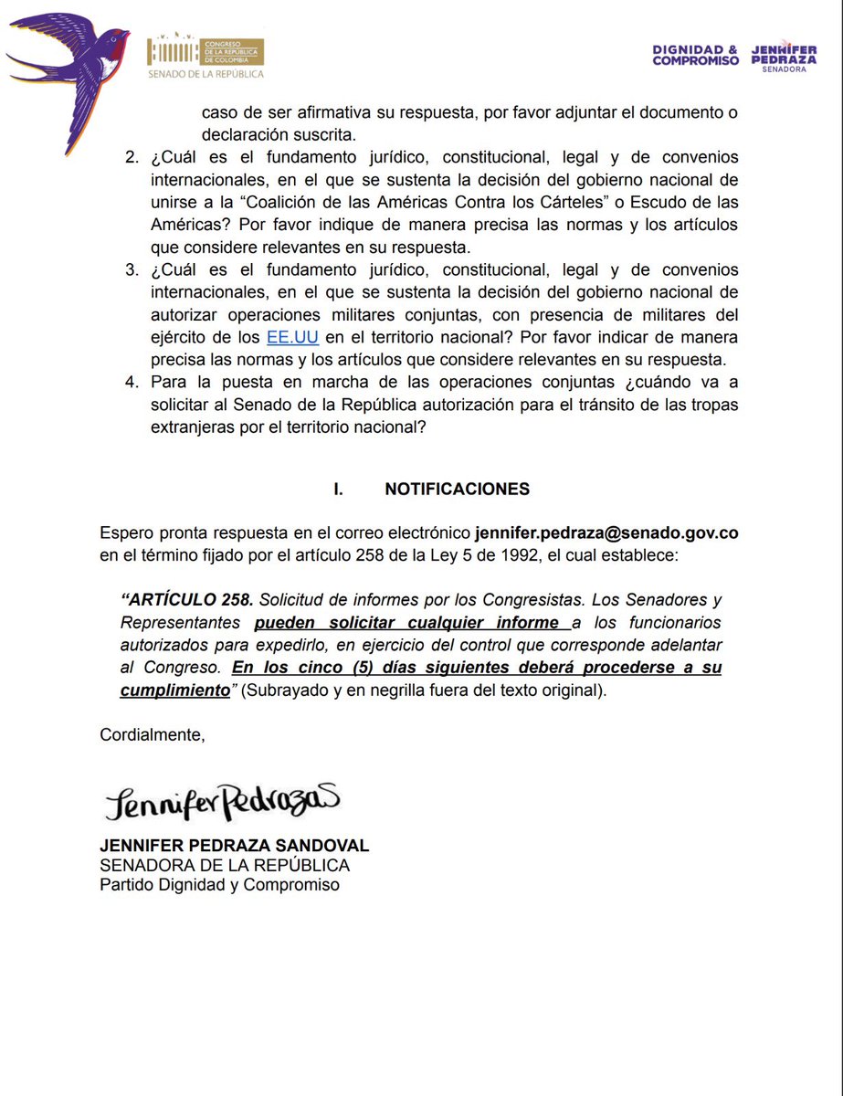 JenniferPedraz's tweet photo. He radicado esta petición formal a los ministros de Relaciones Exteriores, Interior y Defensa para que aclaren al país y al Senado sobre el anuncio del Secretario de Guerra de los EE.UU. de realizar operaciones militares conjuntas.

Los tratados internacionales o la presencia de tropas extranjeras en nuestro país deben ser consultadas con el Congreso, bueno, si es que respetan la Constitución.