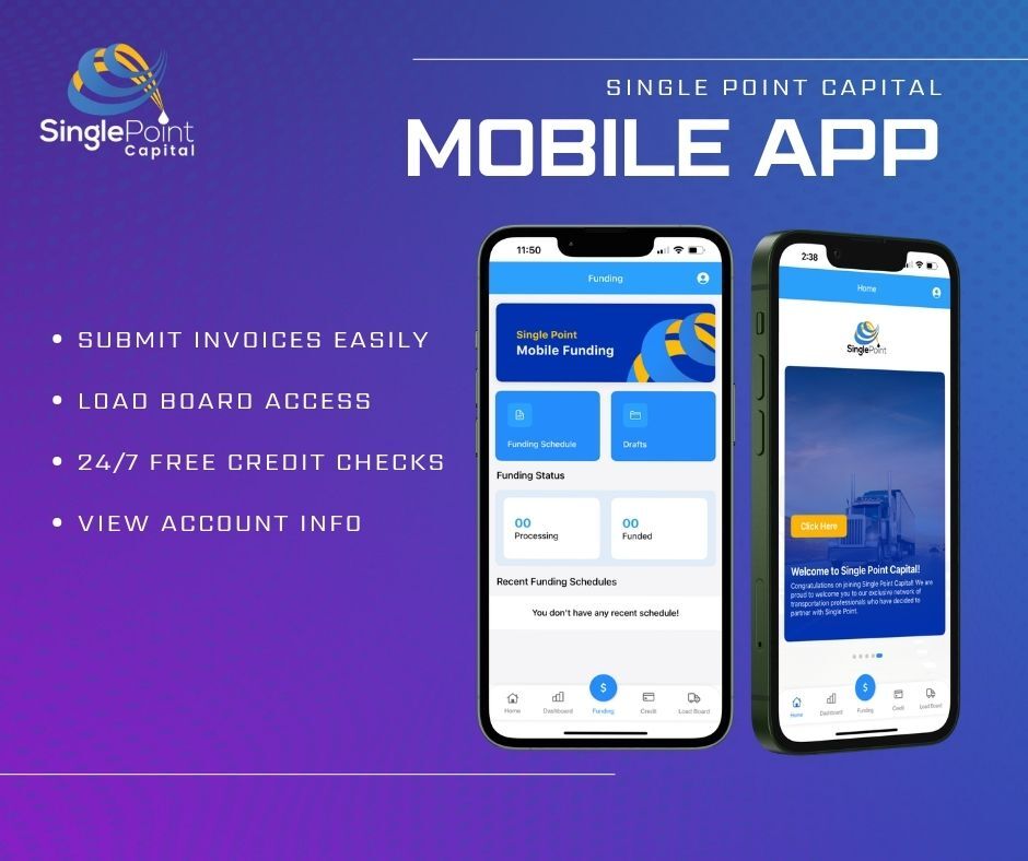 SinglePointCap's tweet photo. With the Single Point Capital mobile app, managing your freight factoring is easier than ever. 📲

#singlepointcapital #freightfactoring #services #factoring #truckingindustry #trucker #houston # texas #truckdriver https://t.co/ghNZDEeO1H