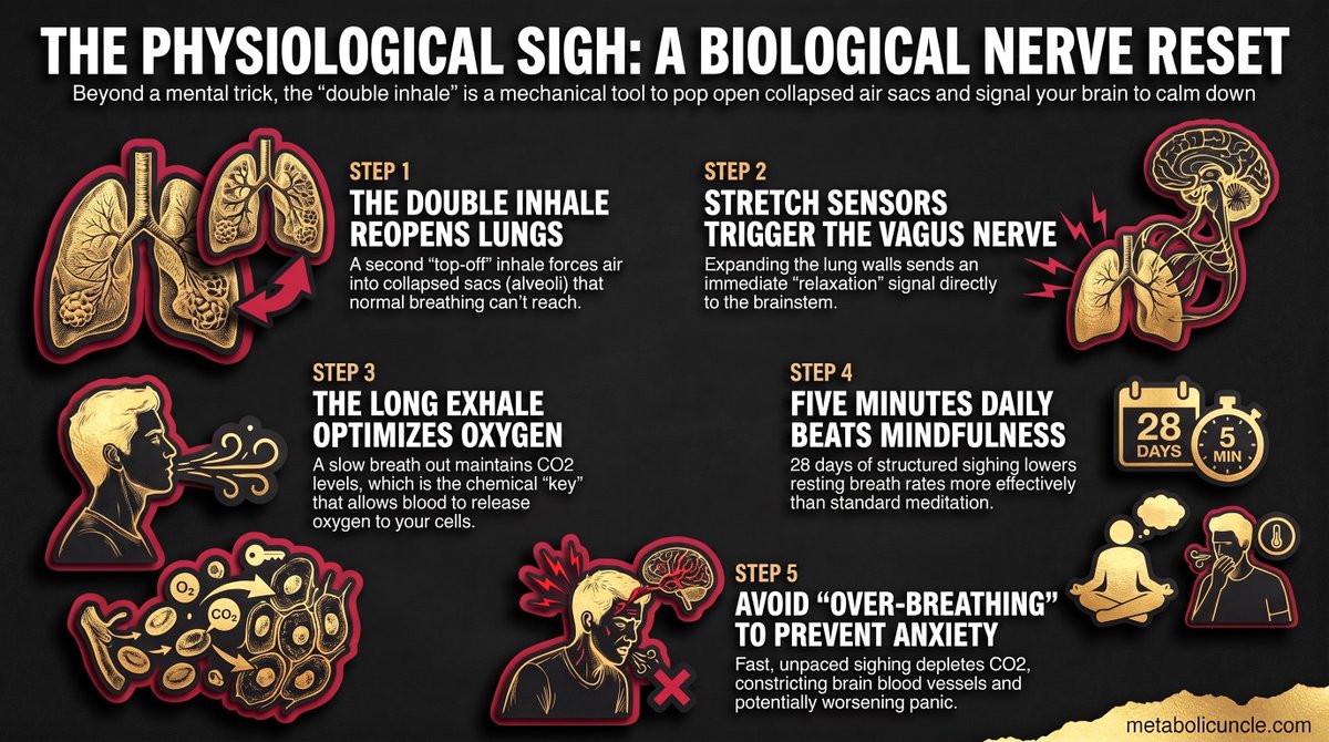 MetabolicUncle's tweet photo. THE DOUBLE INHALE: HOW TWO QUICK BREATHS RESET YOUR LUNGS AND CALM YOUR NERVOUS SYSTEM

Sit at a desk for a few hours, breathing shallow and quiet the way most focused work makes you breathe, and thousands of the tiniest air sacs in your lungs start to collapse under their own surface tension. 

One normal breath can't reopen them. It takes a specific kind of extra push, and your body already has a built-in move for generating it: two quick inhales through the nose, stacked on top of each other, followed by one long exhale out through the mouth.

Most psychology treats this move, sometimes called the physiological sigh, as a mental trick. Take two breaths, focus on the exhale, calm your mind through conscious attention. Large reviews pooling 785 participants across 12 breathwork trials do confirm small to moderate drops in self-reported stress and anxiety, so the calming effect is real. 

But treating it as a purely mental exercise misses what's actually happening in your lungs and blood while you do it, and that gap matters, because not every version of "sighing more" produces the same result.

Here's the physical mechanism mainstream models skip over. A first inhale fills your lungs to roughly their normal working volume. A second, quick top-off inhale immediately after, without exhaling in between, forces an extra burst of air into lung spaces that are still tight from the first breath. 

That stacked pressure is what a single breath can't generate on its own, and it's strong enough to physically pop open the collapsed air sacs that quiet breathing let close. The stretch this creates does two things at once. It triggers specialized lung cells to release surfactant, a protective fluid that lowers surface tension and helps keep those air sacs from collapsing again. 

And it activates stretch-sensitive nerve sensors in the lung walls, which fire signals up the vagus nerve, your body's main relaxation pathway, straight to the brainstem. That stretch signal is what tells your calming nervous system to take over, and it's why heart rate visibly settles during the long exhale that follows.

Classic research on mechanical ventilation shows exactly what happens when this reset never occurs. Patients kept on breathing machines that delivered constant-volume breaths with no sighs built in developed a progressive 22 percent drop in blood oxygen and a 15 percent loss of lung flexibility as their air sacs collapsed over time. 

Adding periodic deep sighing breaths back into the ventilation pattern reversed both problems immediately. Conscious people doing quiet desk work or sitting under stress lose lung surface area through the same basic process, just slower and less severe. 

Separately, researchers measuring 43 healthy adults found that a spontaneous sigh following a stressful moment produced an immediate, measurable drop in shoulder muscle tension, confirming the stretch-to-relaxation pathway shows up in real bodies, not just in theory.

The exhale carries its own job, and it's just as important as the double inhale. Breathe out too fast and you strip carbon dioxide from your blood faster than your body can replace it. That matters because carbon dioxide isn't simply a waste gas your body wants gone. 

It keeps blood vessels open and, through something called the Bohr effect, it's the chemical signal that tells your red blood cells to actually release the oxygen they're carrying into your tissues. Structured cyclic sighing paces the exhale to roughly double the combined length of the two inhales, which keeps carbon dioxide inside the healthy range of 38 to 42 mmHg instead of letting it crash. 

Held in that range, your blood keeps releasing oxygen efficiently to fuel your cells' energy generators, the mitochondria, supporting both general cellular energy output and thyroid function.

Psychiatry has long recognized frequent, spontaneous sighing as a symptom of panic disorder rather than a treatment for it. Researchers comparing sighing patterns found that panic disorder patients sigh at more than double the rate of healthy people, 42 sighs an hour compared to 21.6, and those panic sighs are fast and unpaced rather than paired with a controlled exhale. 

The result is chronic carbon dioxide depletion, with resting levels dropping to roughly 35 to 36 mmHg against the healthy 38 to 40 mmHg range in controls, which constricts blood vessels in the brain and actively worsens anxiety rather than relieving it. Structured and spontaneous-panic sighing look similar on the surface. 

Chemically, they're doing opposite things to your blood gases, which is exactly the distinction that gets lost when breathwork is judged purely by how relaxed someone says they feel afterward.

That distinction matters most for people who feel anxious easily. In a trial of 34 adults, researchers found that instructed forced deep breaths failed to lower forehead muscle tension in participants with high anxiety sensitivity. 

Those participants reported feeling mentally relaxed while their actual muscle tension stayed elevated, a direct mismatch between what someone believes is happening and what their body is actually doing. 

Straining to pull in maximum air, especially into the upper chest and neck rather than the belly, recruits the very muscles that block the calming signal this technique depends on.

A single practice session shows real but limited benefits, and it's worth being precise about what it can and can't do. In a study of 81 patients waiting in an orthopedic clinic, a single four-minute audio-guided cyclic sighing session meaningfully reduced both pain intensity and pain unpleasantness. 

That same single session produced no significant change in state anxiety compared to quiet waiting. Acute sighing works well as a fast physical pain disruptor. Lowering your baseline anxiety over time is a separate outcome that showed up only with sustained daily practice. 

In a 28-day trial of 108 participants, five minutes of structured cyclic sighing daily lowered resting breathing rate significantly more than an equal dose of mindfulness meditation, and produced a larger daily gain in positive mood and energy, 1.89 points against 1.22 for mindfulness. That kind of durable shift in nervous system tone takes weeks of consistent, unforced practice, not a single session.

None of this technique is risky when it's done the way the research describes, but a few groups need to approach it carefully. If you have a diagnosed panic disorder, generalized anxiety, or high anxiety sensitivity, forcing the breath or pulling for maximum lung volume can backfire in exactly the way described above, leaving your body more physically tense even while you feel calmer in the moment. 

Start gentler than the standard protocol and build up gradually rather than pushing for a full session on day one, and speak with a doctor or qualified mental health professional first if you have a diagnosed anxiety or panic disorder. 

If you have a structural nasal airway issue, such as a deviated septum or a history of nasal polyps, take the second quick inhale gently rather than sharply to avoid straining the nasal passage, and check with a doctor before starting if you have any diagnosed breathing or airway condition. 

Anyone who rushes the exhale and over-breathes can trigger hypocapnia, or critically low carbon dioxide, which shows up as lightheadedness, tingling in the fingers, or a spike in anxiety rather than relief. If that happens, the fix is slowing down and softening the effort, not pushing through it. 

The detailed practical application of remedies is in the attached Part 2 and the bullet action points are in Part 3.