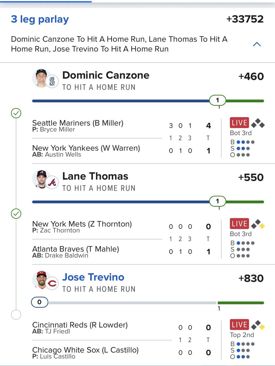 CAPPERKING001's tweet photo. 🔥 THE HR LOTTO IS ALIVE 🔥
3-leg HR parlay sitting at +33752 👀

#DavisParlay #MLB #MLBParlay #HRParlay #HomeRunPicks #MLBPicks #BaseballPicks #LiveParlay #1Of2 #OneToGo #LetsCash #SportsBetting #ParlayPicks #MLBHR #WinningPicks ⚾🔥🏆 https://t.co/XtPMVDKxms
