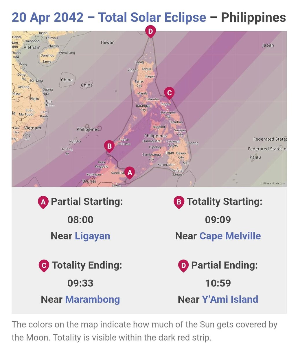 Curve251's tweet photo. The Philippines will experience a total solar eclipse in 16 years! 

Cities in the path of totality includes Puerto Princesa, Iloilo, Kalibo, Roxas, Bacolod, Legazpi, Naga, Sorsogon, Masbate, Calbayog, Catbalogan, and Borongan.

Imagine seeing this in Boracay!

April 20, 2042 https://t.co/rdKSnk9xuF
