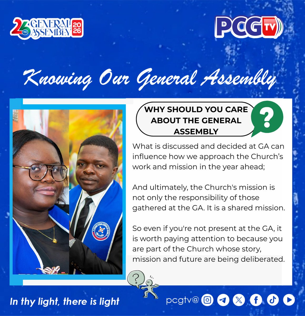 pcgtvofficial's tweet photo. You may be thinking: βGA is for Commissioners & Corresponding Members. What does it have to do with me?β
A lot; including your prayers for divine directions
That's why PCGTV is bringing the GA closer to you.
Watch it all here. Learn, and engage
#KnowOurGA #26thGeneralAssembly https://t.co/MGPYSU37Rs
