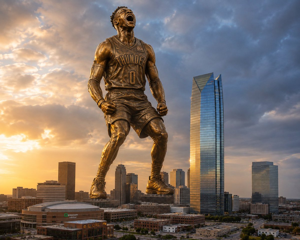 mountaindewbyok's tweet photo. my proposal for a russell westbrook statue in downtown okc. i think it’s reasonable. 

should it be bigger? https://t.co/B4eMP6AVts