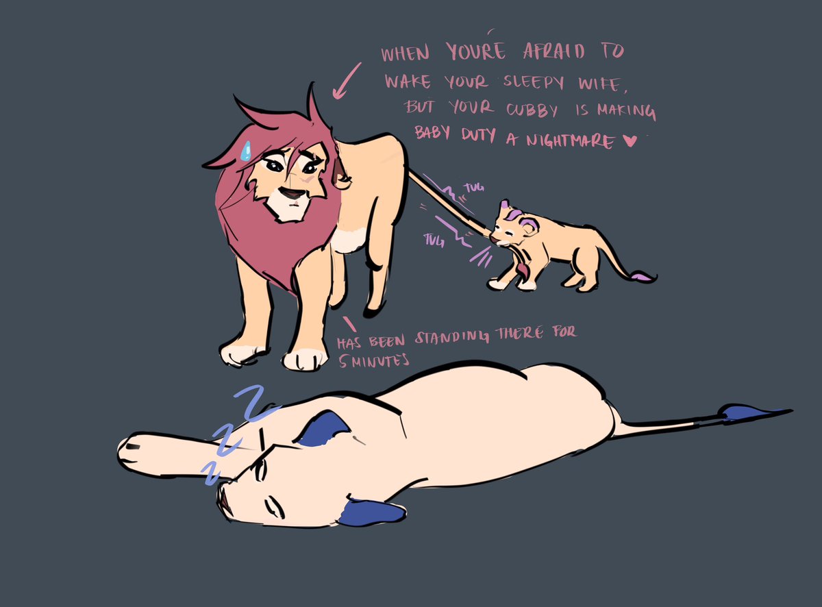 1maginatif's tweet photo. Apparently it was Lion Day the other day, so had to doodle these sillies 🦁

Bonus doodle.. Vion is absolutely afraid to wake Caitlion from her slumber 😂 https://t.co/75jPMOmaCv