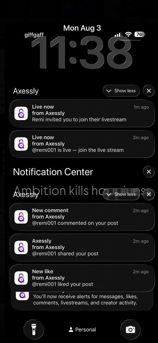 axessly's tweet photo. 🔔 AXESSLY NOW KEEPS YOU CONNECTED—EVEN WHEN YOU’RE AWAY.

Receive real-time notifications directly on your device whenever:

• A creator starts a livestream
• You receive a live invitation
• Someone likes, comments on or shares your post
• A new message arrives
• There’s important creator activity

Tap the notification and return straight to the moment—before you miss it.

Closer to your audience. Connected to every moment.

Axessly — CREATE • CONNECT • EARN
🌐 https://t.co/W1Y6gSWRAr