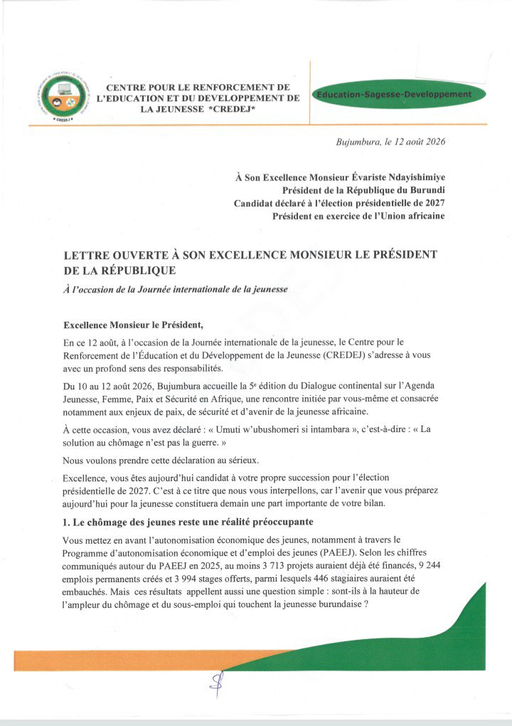 credej14burundi's tweet photo. #Burundi #Jeunesse: A l’occasion de la Journée internationale  de la jeunesse,  CREDEJ a choisi d’adresser une lettre ouverte au Président de la République @GeneralNeva . https://t.co/U8bdfD1e0v

@NtareHouse , @KwaNtare ,  @BurundiGov , @MininterInfosBi ,  @nshingamateka , @Burundi_senat
 . @UEauBurundi @DefendDefenders  @MENRS4 @MemoryBandera @NkunzimanaJe @bikjo @LigueIteka @FOCODE_ @Acatbdi  @iwacuinfo @RTVRenaissance @radio_rpa @RadioInzamba @felixndacayi @ArsneArakaza2