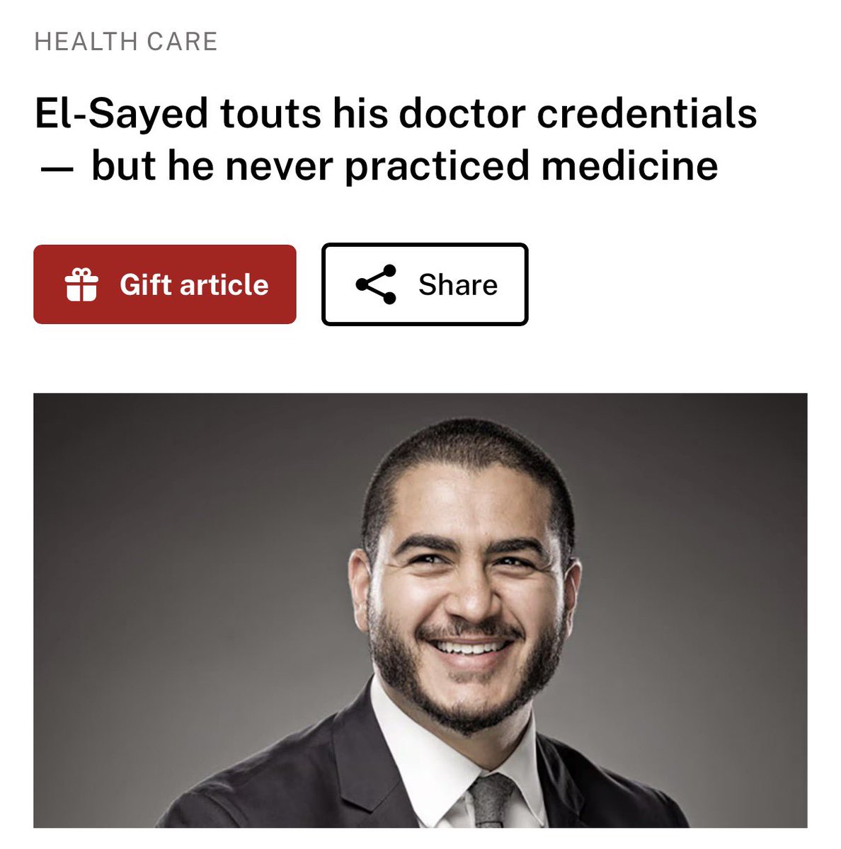 Hunter_Eagleman's tweet photo. Michigan’s Democrat Senate candidate Abdul El-Sayed loves talking about his “beloved” dogs and “Pets for Abdul.”

Funny thing is, when he ran a Detroit animal shelter its “kill rate” rose to 74%!!  The shelter’s conditions were so disgusting, the city had to pay out $63,000.

He’s also a self-proclaimed physician who has never treated any patients.  

If he can’t be trusted with dogs and lies about his credentials… why would Michigan trust him with their state? 🥴