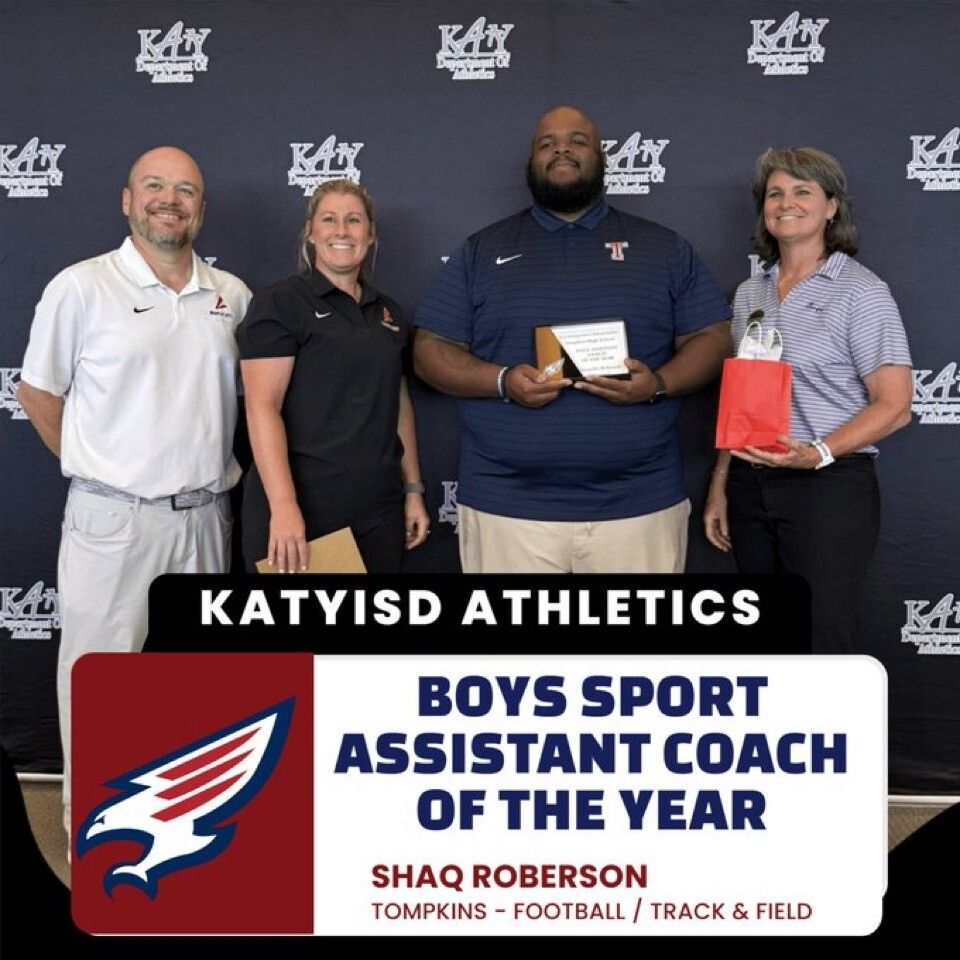 TompkinsHS's tweet photo. Congratulations to our District of the Year honorees!  These recognitions are so well deserved and are the perfect way to cap off an incredible year of hard work, dedication, and achievement. We are so, so proud of you! 

Blake Hamilton - Boys Athlete of the Year
Coach Shipman - Girls Soccer Head Coach of the Year
Coach Williams - Girls Volleyball Asst Coach of the Year
Coach Escamilla - Boys T&F Head Coach of the Year
Coach Roberson - Boys T&F Asst Coach of the Year

#tfw #fp1440