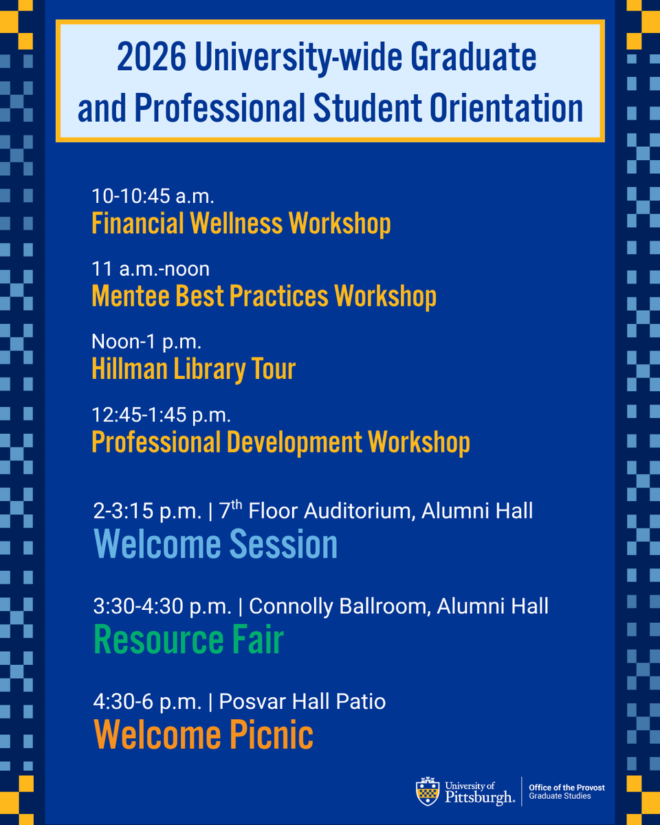 PittGradStudies's tweet photo. Orientation is next week! Check out the schedule of events ahead of Tuesday: https://t.co/vgBQeDfSJQ https://t.co/TPbJvmHDuW