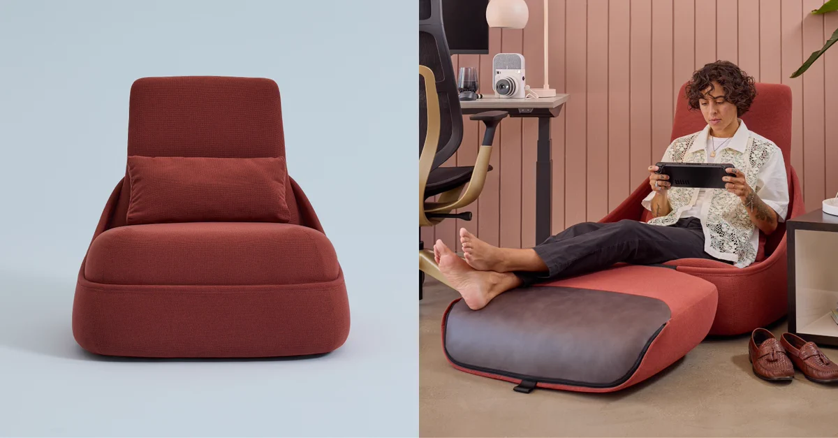 Modern red Hosu Convertible Lounge Chair by Steelcase with a matching cushion, designed for comfort and relaxation.