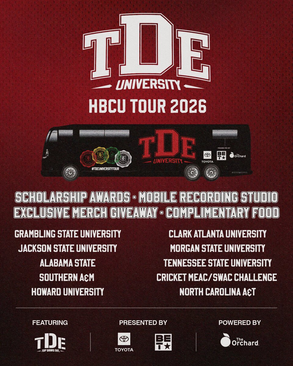TopDawgEnt's tweet photo. TDE University is coming to your HBCU.

We’re bringing the studio to the yard, giving students the opportunity to show their skills and compete for a spot to perform at the 2027 BET Awards + much more.

Presented by @Toyota  and @BET  and Powered by the @orchtweets . #TDEUniversityTour

https://t.co/Oeev01u9pO