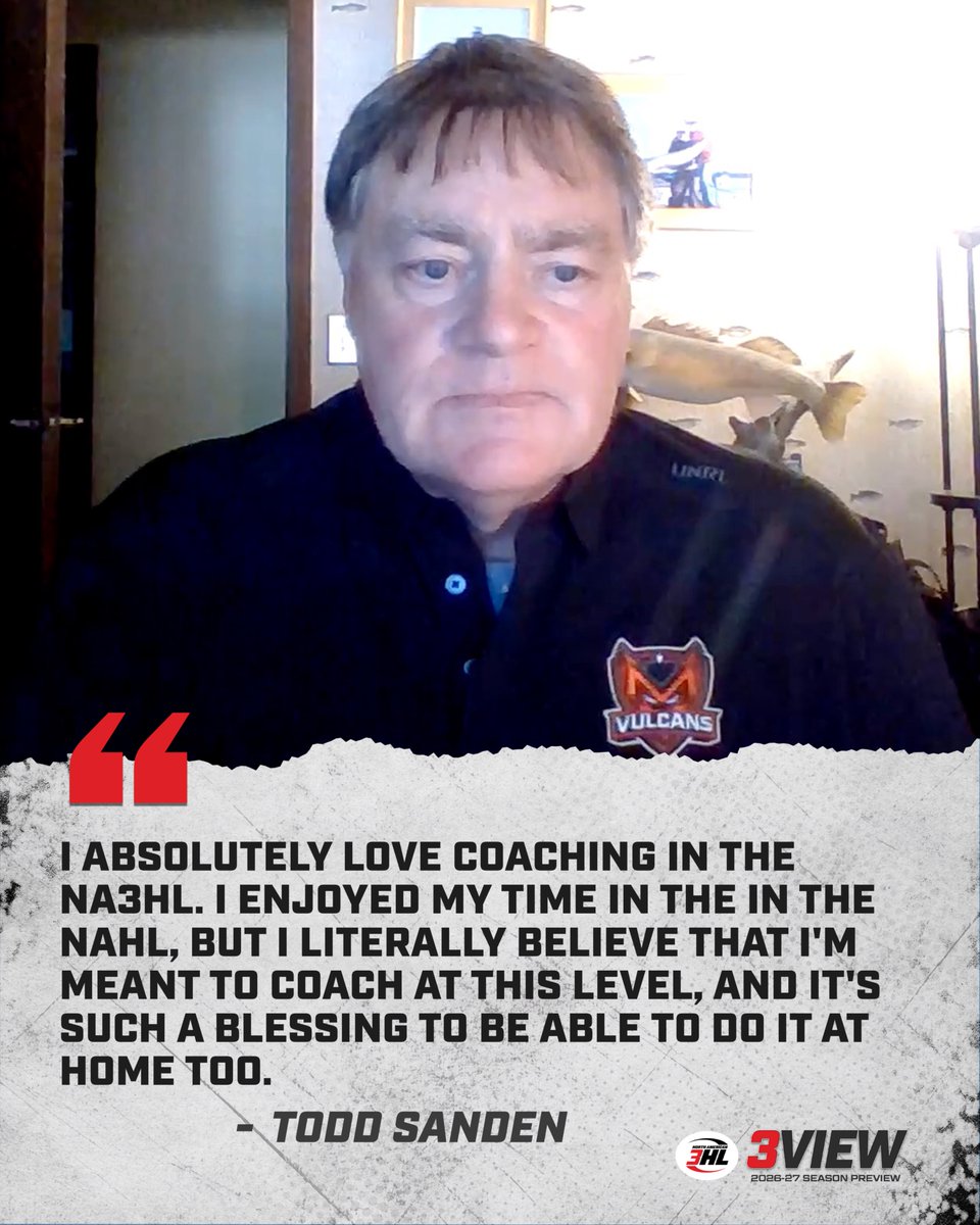 NA3HL's tweet photo. "ɪ ʟɪᴛᴇʀᴀʟʟʏ ʙᴇʟɪᴇᴠᴇ ᴛʜᴀᴛ ɪ'ᴍ ᴍᴇᴀɴᴛ ᴛᴏ ᴄᴏᴀᴄʜ ᴀᴛ ᴛʜɪꜱ ʟᴇᴠᴇʟ."
The #3View series continues for the 2026-27 season with Minnesota Vulcans head coach, Todd Sanden. With extensive experience coaching in the NA3HL, Sanden is eager to be at the helm for the Vulcans inaugural season.
Read more 📰: https://t.co/wzNnwq5Ho1
Watch the full interview 📺: https://t.co/o7beGvUPPD