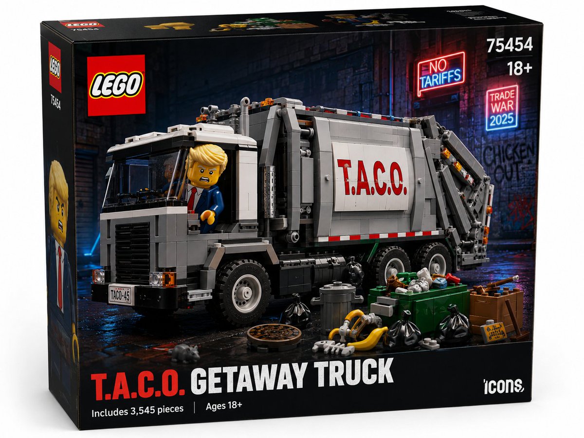 adorableza7's tweet photo. The T.A.C.O. is out of the bag! 🧱🌮

New LEGO set just dropped – 3,545 pieces, $499, and one very familiar minifigure hiding in a getaway truck.

"Trump Always Chickens Out" – now in brick form. 😭

#LEGO #TACO #Trump #LEGOIcons #Viral

#TRUMP https://t.co/x1e64yGjCT