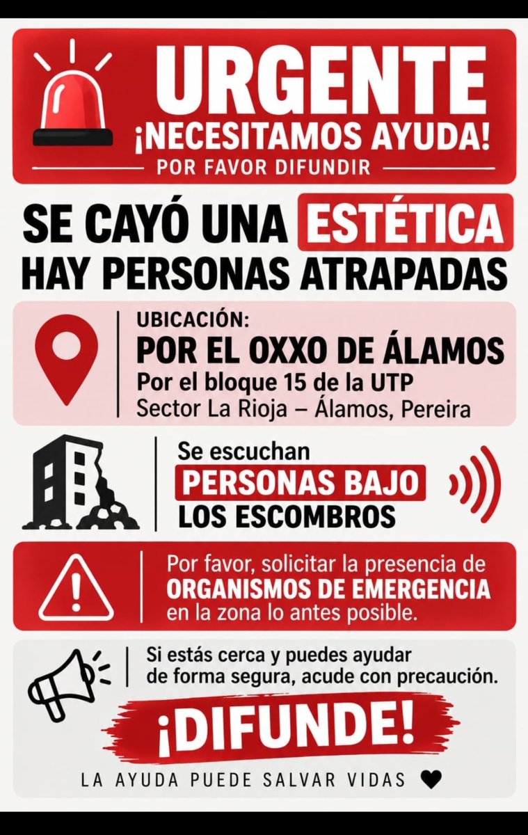 qtrockstr_'s tweet photo. 🚨🚨 HAY PERSONAS ATRAPADAS POR ALAMOS EN PEREIRA🚨🚨 

DIFUNDAN POR FAVOR ES DE SUMA IMPORTANCIA 

🚨🚨 SE NECESITA RESCATISTA O VOLUNTARIOS 🚨🚨 

#Pereira #urgente #temblor @Alcaldiapereira @BomberosPereira https://t.co/e4mPQ1wEaf