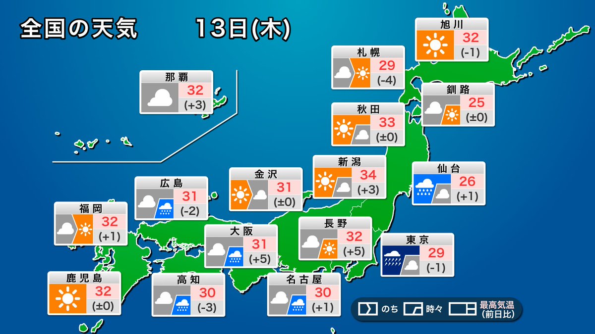 wni_jp's tweet photo. 【今日の天気予報】
今日13日(木)は、熱帯低気圧や湿った空気の影響で、西日本から関東、東北太平洋側で雨が降りやすくなります。強く降る所もあるため注意が必要です。
https://t.co/K0GGGN72As https://t.co/TJatAzo32U