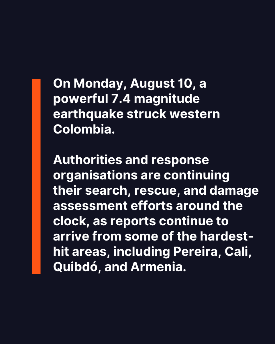 WorldVision's tweet photo. You've seen the news. Homes, schools, and health facilities have been damaged and destroyed after Monday's 7.4 magnitude earthquake in Colombia. The quake was felt in different regions of the country, including Bogotá, Medellín, Cali, Pereira, Armenia, and Manizales. 

Our teams are currently in the field assessing needs and preparing to deliver clean water, food, hygiene kits, and cash transfers to affected families. With widespread power interruptions, internet access has been spotty, and communication is a challenge. But we'll let you know as soon as we hear more!

Please join us in praying for families who have lost loved ones, and for those working in search and rescue. 🙏🏽