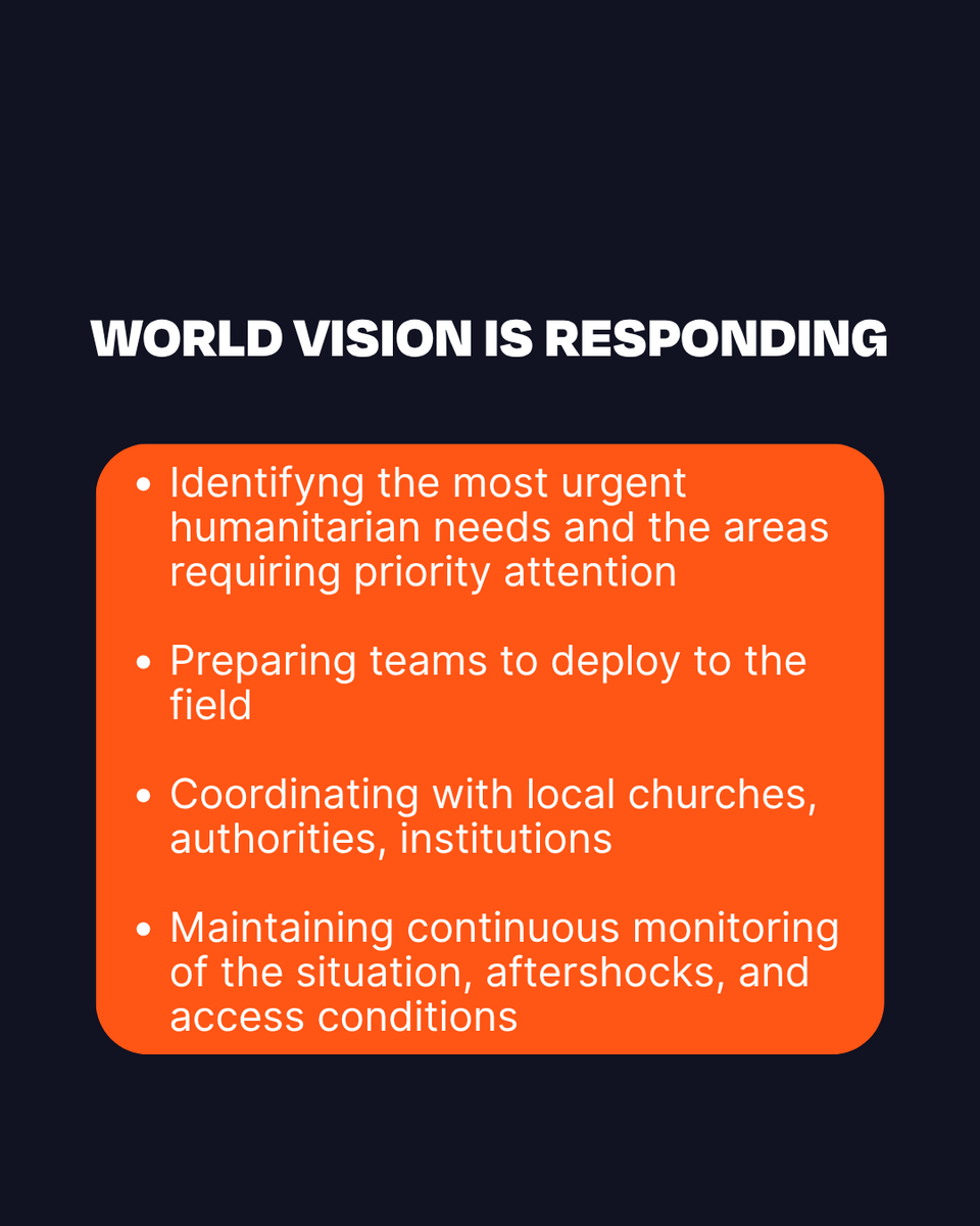 WorldVision's tweet photo. You've seen the news. Homes, schools, and health facilities have been damaged and destroyed after Monday's 7.4 magnitude earthquake in Colombia. The quake was felt in different regions of the country, including Bogotá, Medellín, Cali, Pereira, Armenia, and Manizales. 

Our teams are currently in the field assessing needs and preparing to deliver clean water, food, hygiene kits, and cash transfers to affected families. With widespread power interruptions, internet access has been spotty, and communication is a challenge. But we'll let you know as soon as we hear more!

Please join us in praying for families who have lost loved ones, and for those working in search and rescue. 🙏🏽