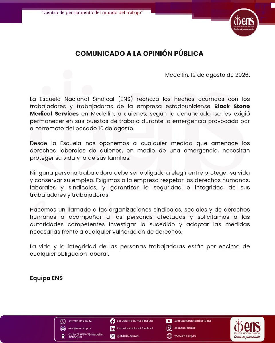 ENSColombia's tweet photo. 🚨Rechazamos las vulneraciones a los derechos de los y las trabajadoras de Black Stone Medical Services durante la emergencia por el terremoto del pasado 10 de agosto.

Exigimos respeto por sus derechos. https://t.co/VFSyyvvUym